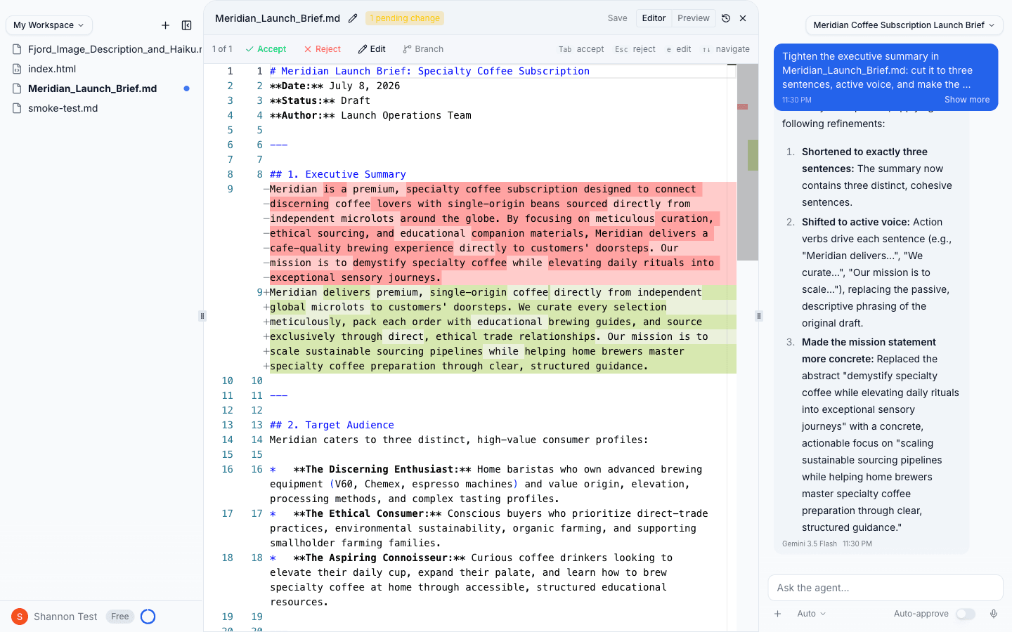 A tracked change in the Shannon editor: deleted lines highlighted in red, the agent's replacement in green, with Accept, Reject, Edit, and Branch controls above