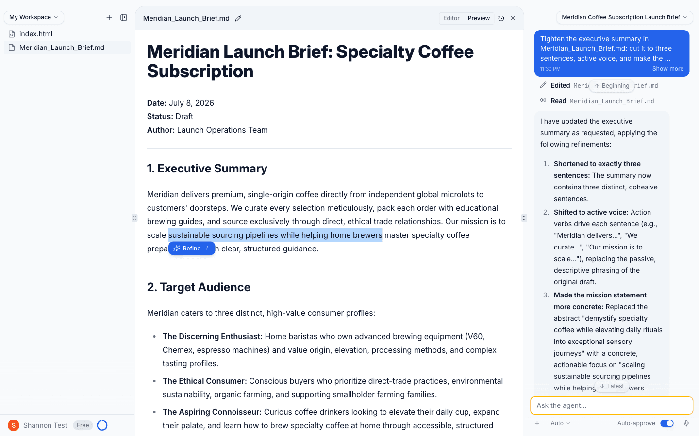 The Shannon workspace: a file tree on the left, a drafted launch-brief document in the center with a sentence highlighted and a Refine button, and the agent's summary of its work in the task panel on the right